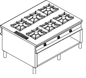 Cucina fiamma libera 6 fuochi a GAS aperta passante - Inoxbim
